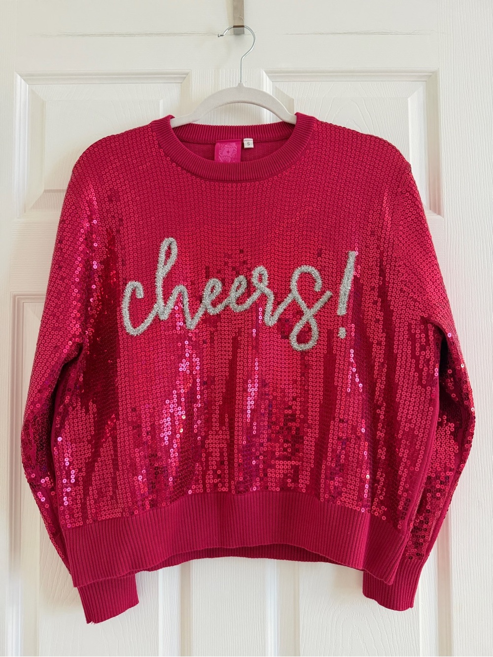 QUEEN OF SPARKLES Sequin 'Cheers!' Crewneck Sweater - Pink